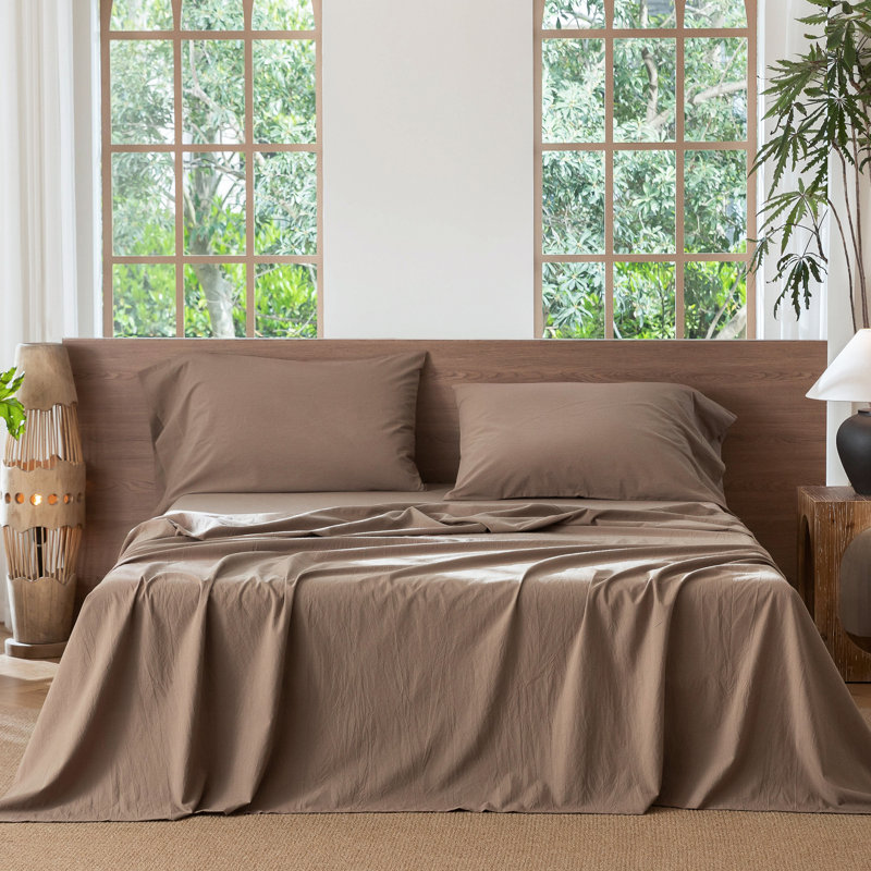 Ensemble de draps MooMee, Ensemble de draps pour grand lit avec 2 taies d'or, Brun