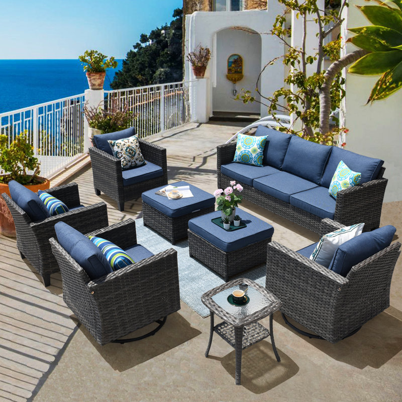Ensemble de conversation pour terrasse en osier 9 personnes Ben Premium, canapé d'extérieur, fauteuil pivotant et coussins confortables
