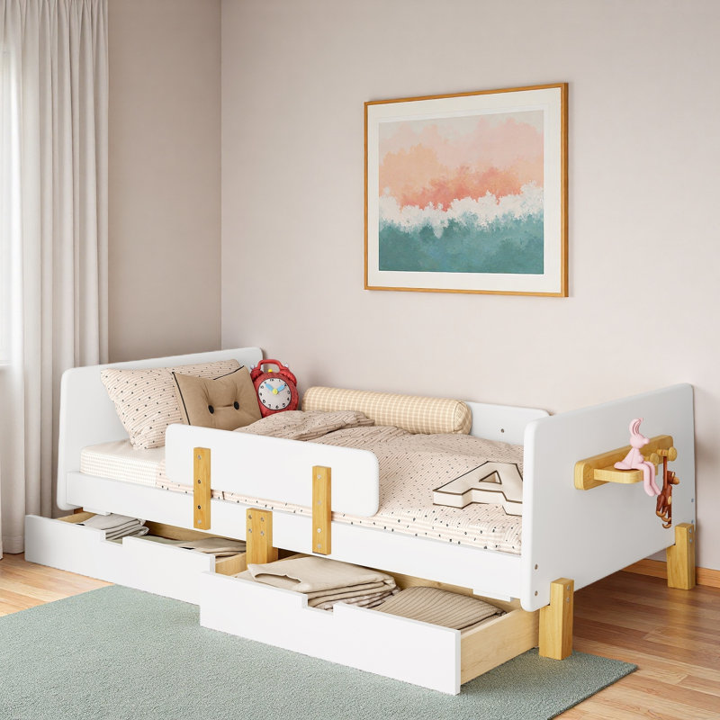 Lit plateforme avec tiroirs de rangement, garde-corps, petite tablette et crochets, Blanc clair, Lit simple