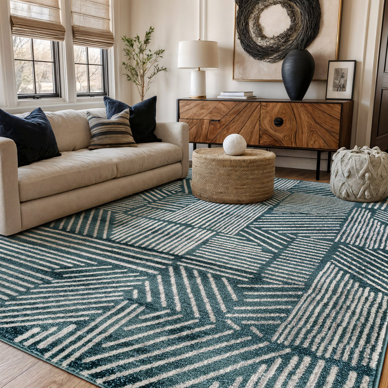 Tapis géométrique noir / ivoire Rambo, Rectangle 3 pi 4 po x 5 pi, Teal