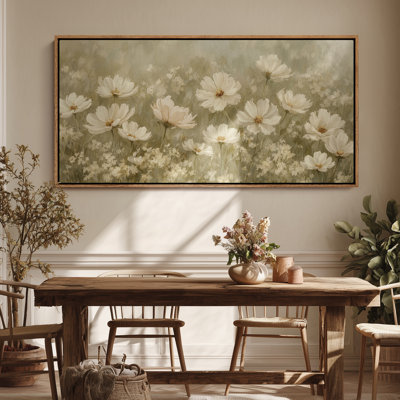 Framed Canvas Wall Art - Delicate White Wildflowers Meadow with Soft Green Background - 16"x24", 24"x36"