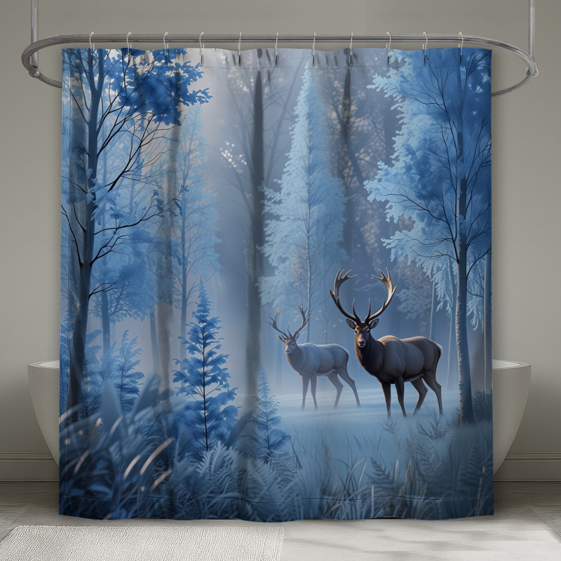 Rideau de douche cerf dans la forêt givrée très long, L 70 po x H 93 po