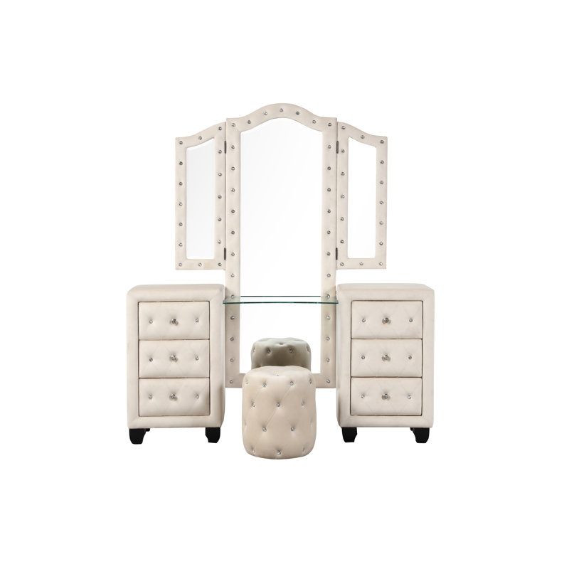 Ensemble coiffeuse avec tabouret et miroir Rausch, Crème, crème
