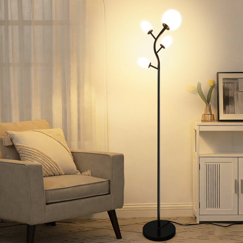 Lampe sur pied moderne avec 4 ampoules, lampe sur pied noire avec abat-jour en verre givré pour le salon et la chambre à coucher