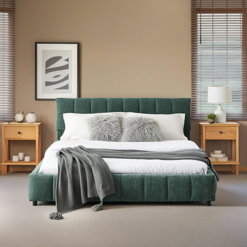 Structure de lit tapissier en chenille moderne avec tiroirs de rangement, Grand lit, Vert
