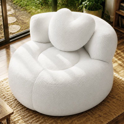 Fauteuil lounge rond surdimensionné sans cadre, fauteuil de sol moderne en peluche texturée avec coussin décoratif en forme de cœur