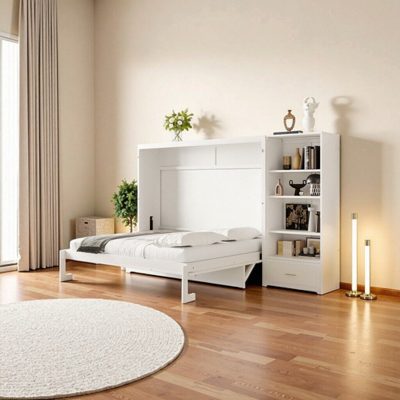 Elegant Queen Size Murphy Bed with Adjustable Storage & Shelf - Space-Saving Wall Bed with Drawer for Bedroom or Guest Room