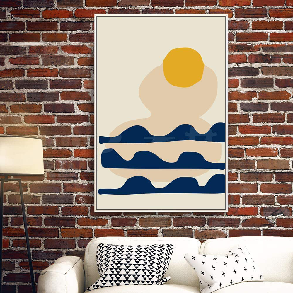 Abstract Vibrant Color Blocks " Yellow Sun Over Abstract Navy Waves " IDEA4WALL 
