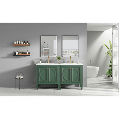 [Vidéo] Ensemble de meuble-lavabo 60 po avec lavabo double, lavabo en céramique, portes à fermeture en douceur avec tablette, tiroir de rangement, vert