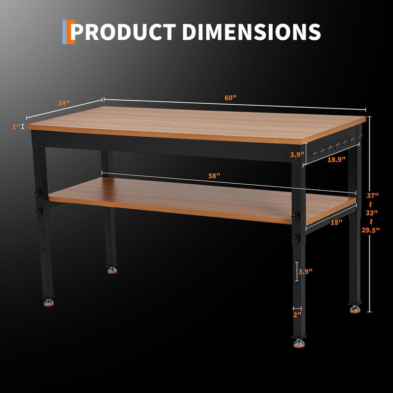 Établi réglable de 60 po avec prise de courant et tablette de rangement - capacité de 2 500 lb pour le garage, l'atelier ou la maison