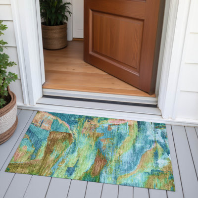 Machine Washable Indoor/Outdoor Xhevrie Teal Rug