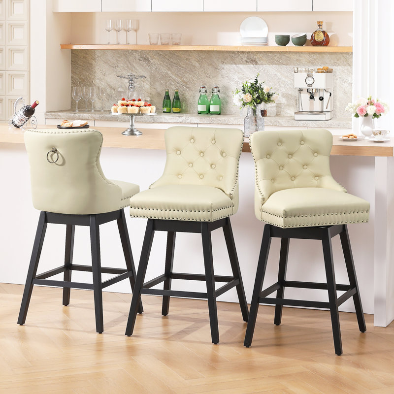 Bar Height Bar Stools Set Of 3 – Upholstered Swivel Bar Stools For Kitchen Island, Modern Design With Thickened Cushions, Backs, And Solid Wood Legs