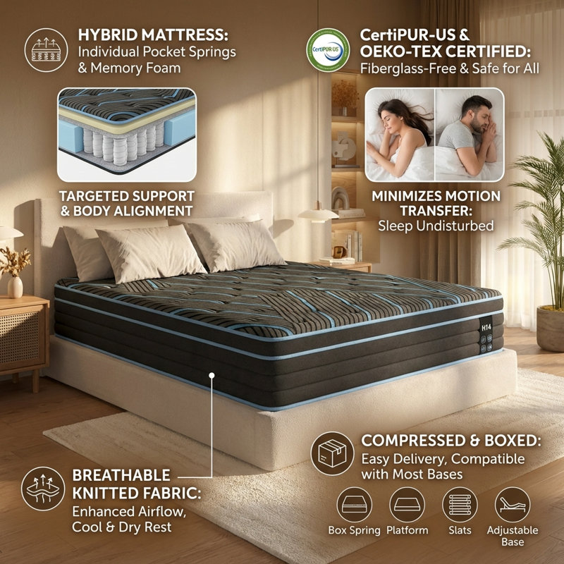 Premium Hybrid Mattress in Twin/Queen/King Sizes - Medium Firm Support with Pocket Springs and Safe Memory Foam in 10/12/14 Inch