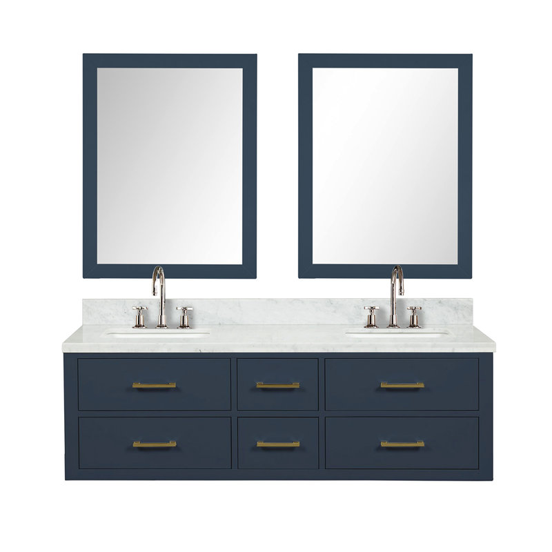 60" Wall-Mounted Double Bathroom Vanity Set with Mirror, White Carrara Marble, Blue