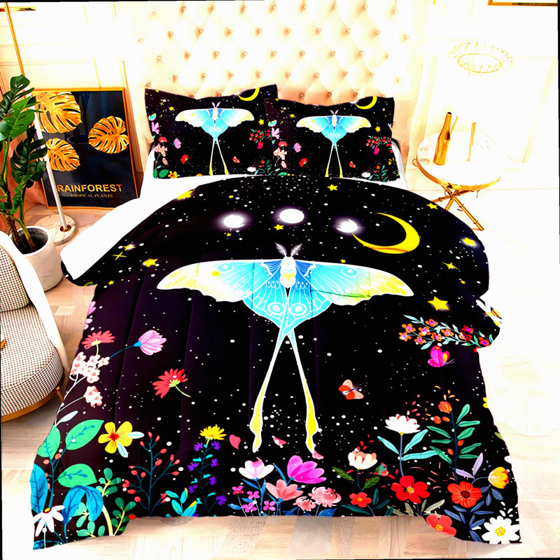 Celestial Nightfall Comforter Set - Gothic Death Moth & Flowers Pattern Bedding - 3 Piece Quilt & Pillowcase Set - Soft, Breathable Sleep Essentials