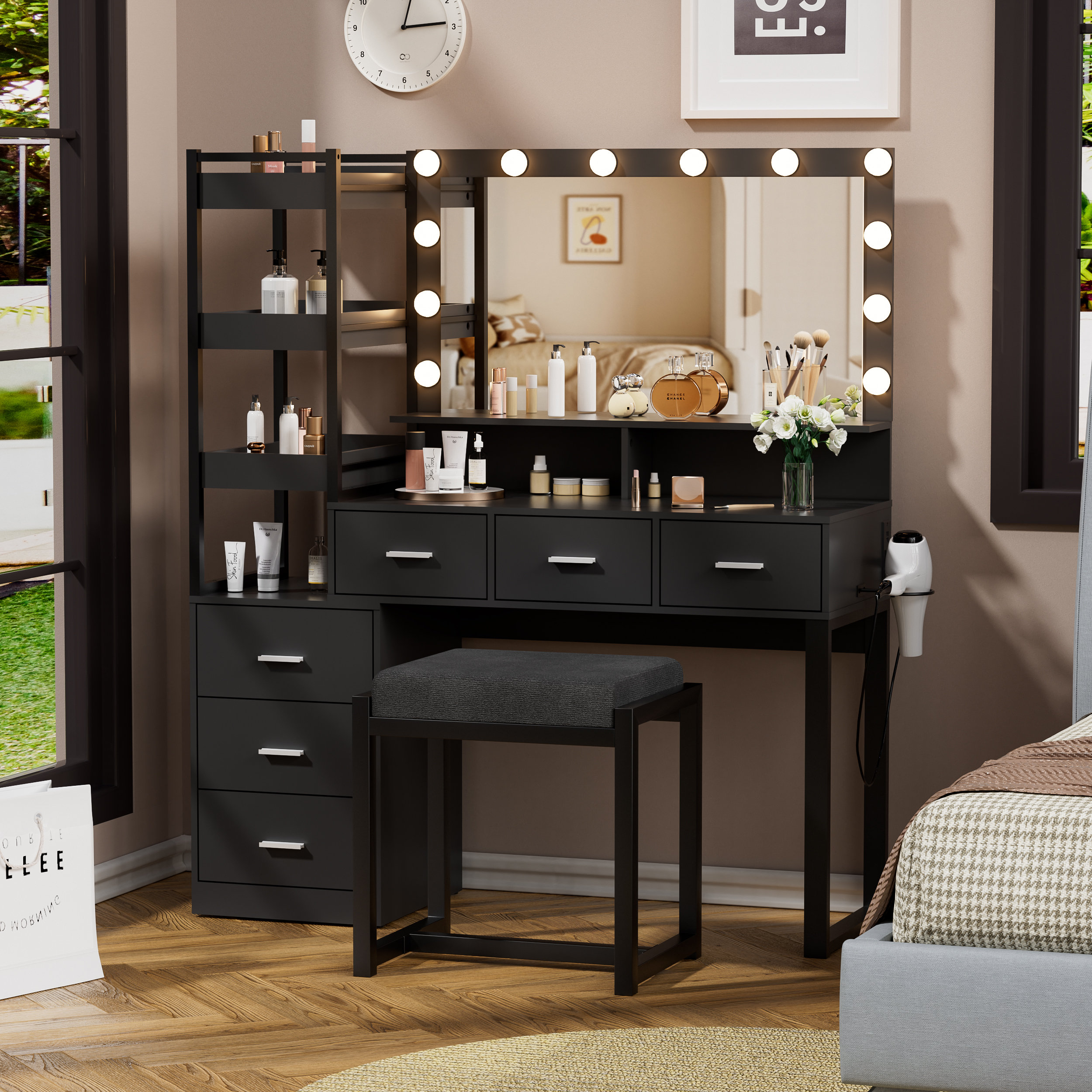 Latitude Run Makeup Vanity Table Set, Large Vanity with LED Lighted Mirror & Power Outlet, Double Sliding Door Vanity Desk, 4 Drawers & Multiple-Tier