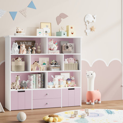 Kids Bookcase with Removable Drawers, 4-Tier Cube Bookcsae, Storage Bookshelf
