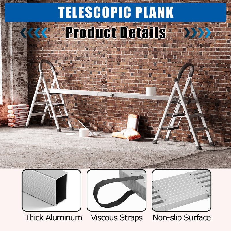 Planche de travail télescopique en aluminium robuste - Capacité de 440 lb - Plateforme de 12,5 pouces antidérapante - Panneau d'extension d'échafaudage en échelle pour la rénovation et la construction - Taille télescopique 8 à 13 pi