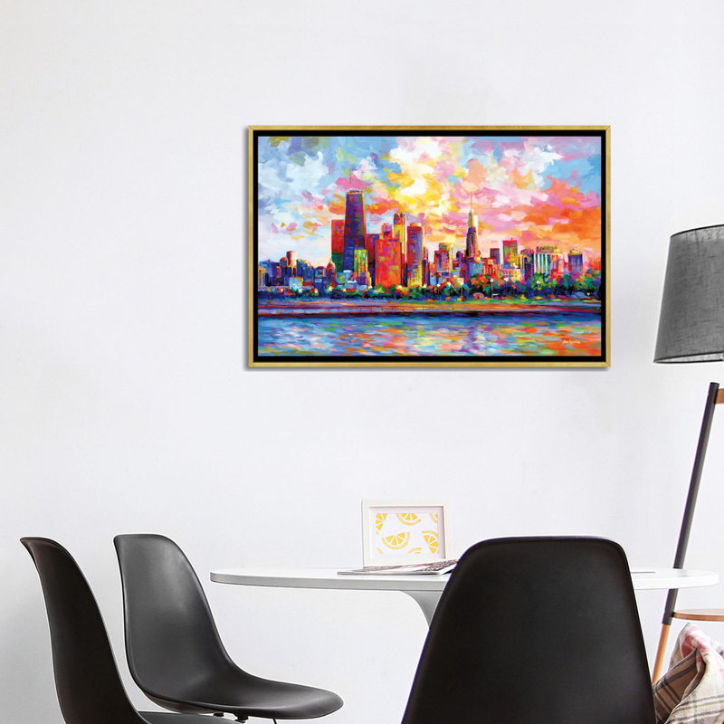 Chicago Skyline by Leon Devenice iCanvas, 26" H x 40" W x 1.5" D, Gold Floater Frame Canvas