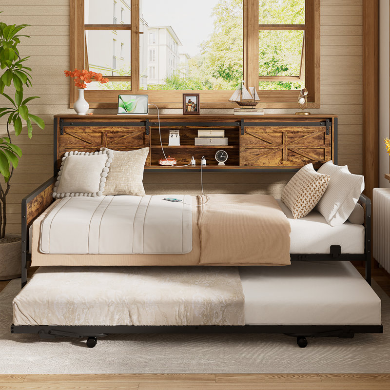 Barn Door Twin Daybeds With Pop Up Trundle With Charging Station, With Storage Headboards, Rustic Brown/Black
