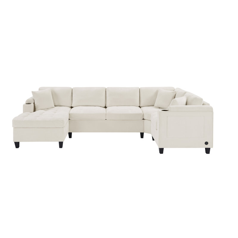 Windsor Modern U-Shaped Sectional Sofa with Built-in Storage and USB Ports, Beige Chenille