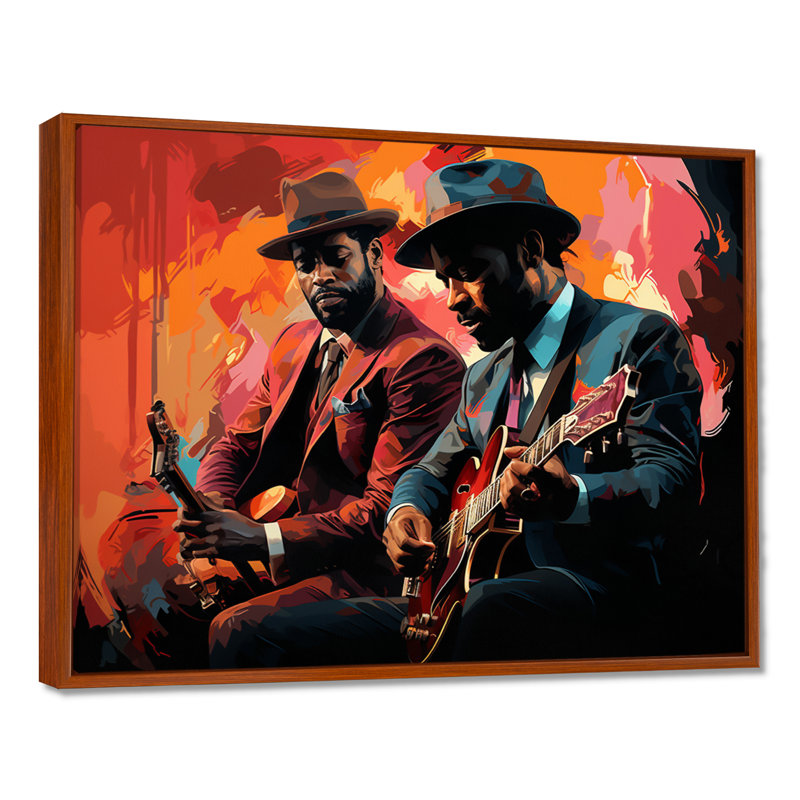 «Pink Jazz Duo», musique rétro, Toile avec cadre flottant brun, H 34 po x l 44 po x P 1,5 po