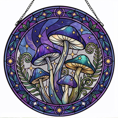 Mystic Mushrooms Stained Glass Window Panel，7.8H