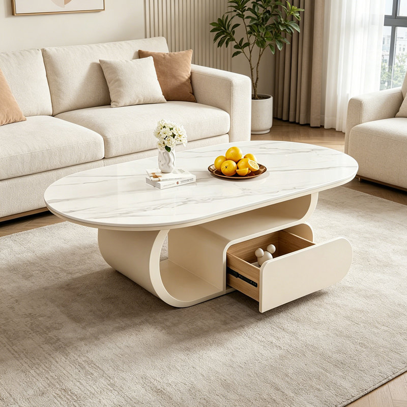 Table basse moderne et luxueuse, H 15,74 po x L 47,24 po x l 23,62 po, Blanc / gris / crème