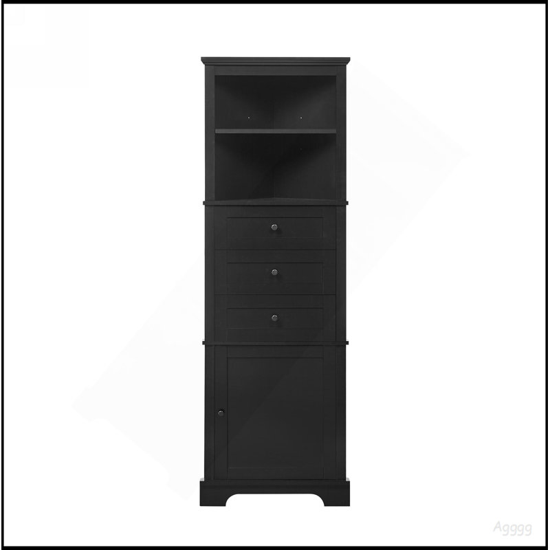 Grande armoire triangulaire noire avec 3 tiroirs et tablettes réglables pour la salle de bain, la cuisine ou le salon, panneau de fibres à densité moyenne avec finition peinte