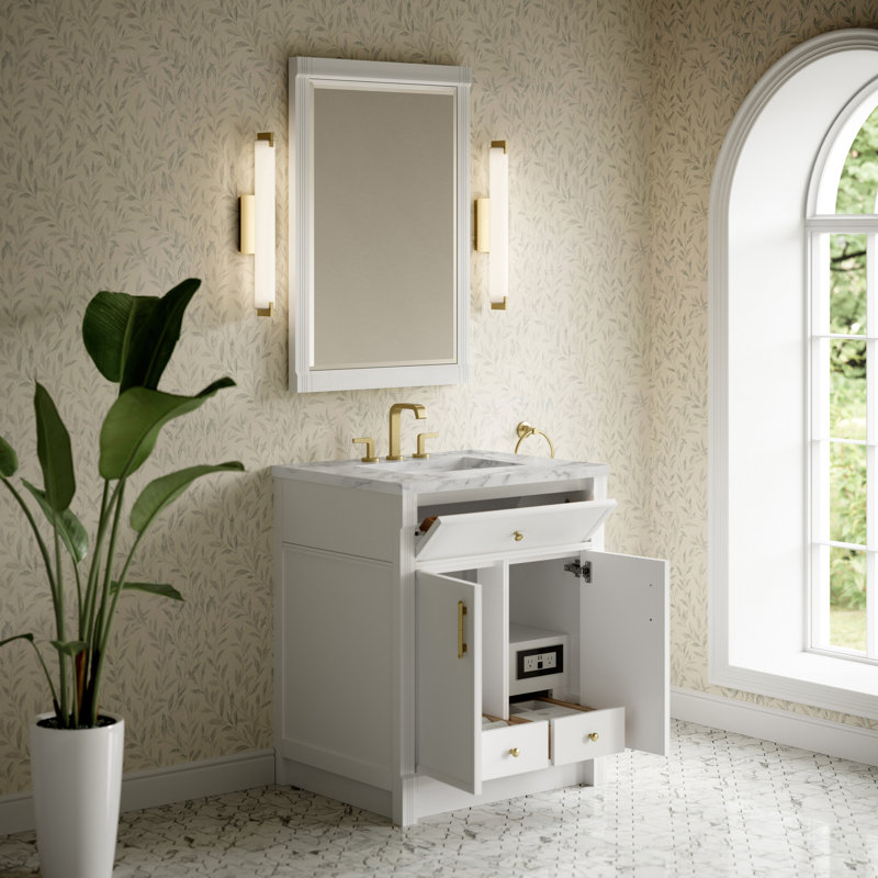 Bellshire Single Vanity w/ 3 CM Top, Bright White, Carrara Marble, 30"