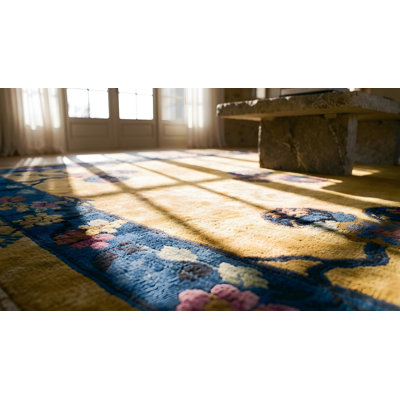 Tapis antique en laine bleu, jaune / or / orange