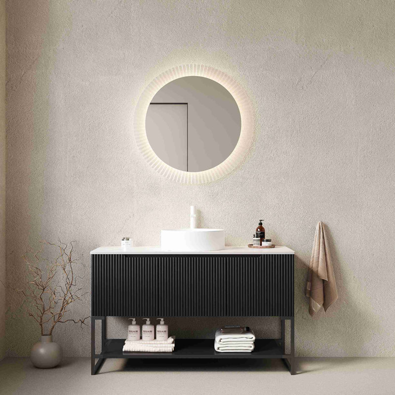 Meuble-lavabo de 48 po avec lavabo, meuble de rangement autoportant avec 3 portes et vasque ronde en céramique avec comptoir en pierre frittée
