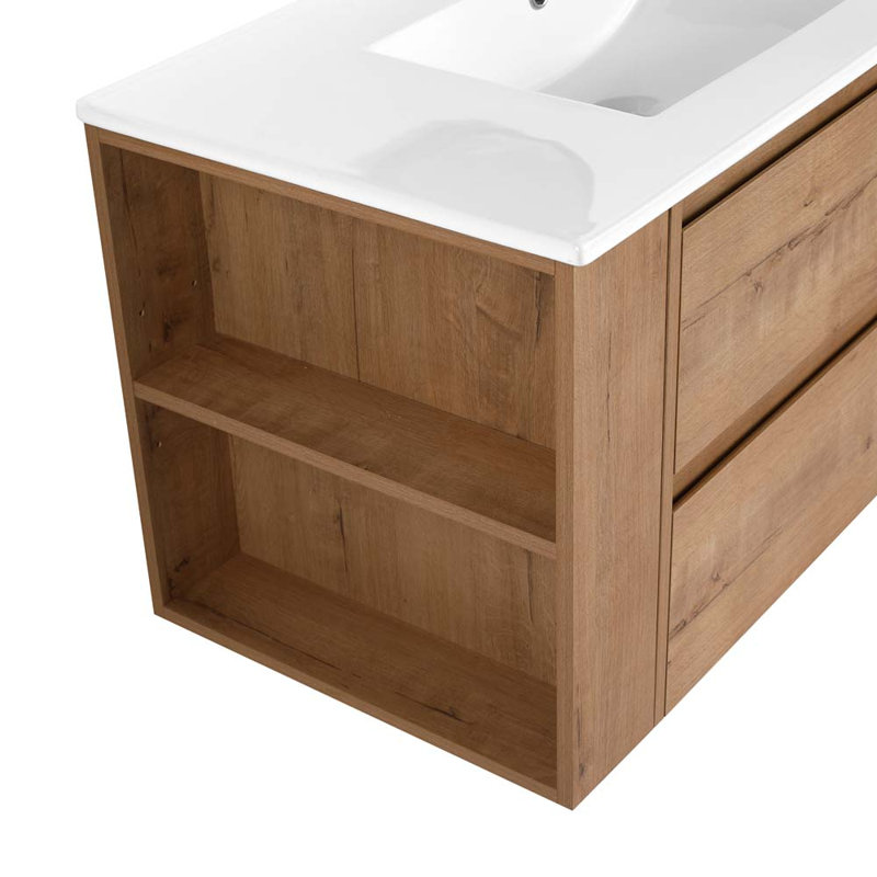 Meuble-lavabo simple 35,9 po avec plateau en céramique, Imitation chêne