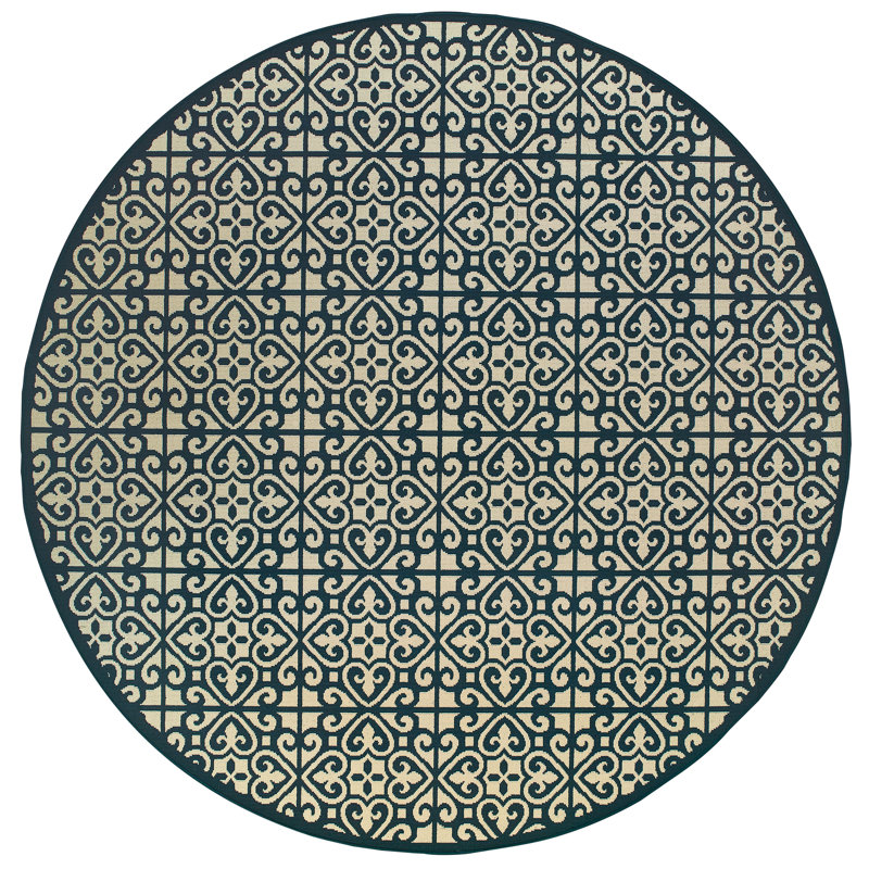 Tapis intérieur / extérieur ivoire / bleu marine Anastasaos, Rond 7 pi 10 po
