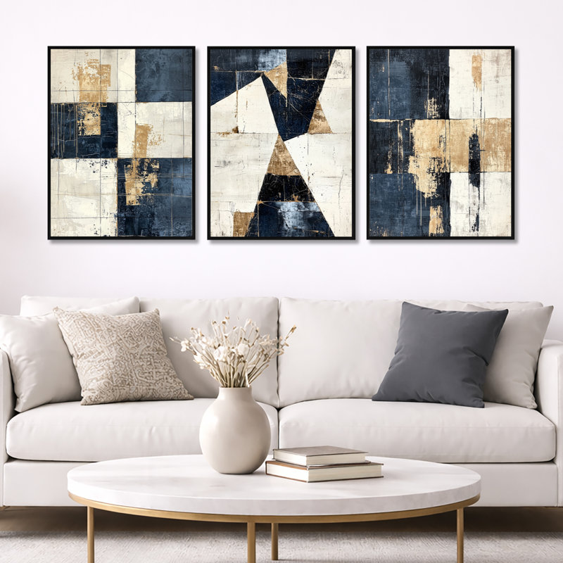 «Minimalist Beige and Blue Cubism Balance - Gold Abstract Cubism», art mural encadré 3 pièces, Cadre flottant noir