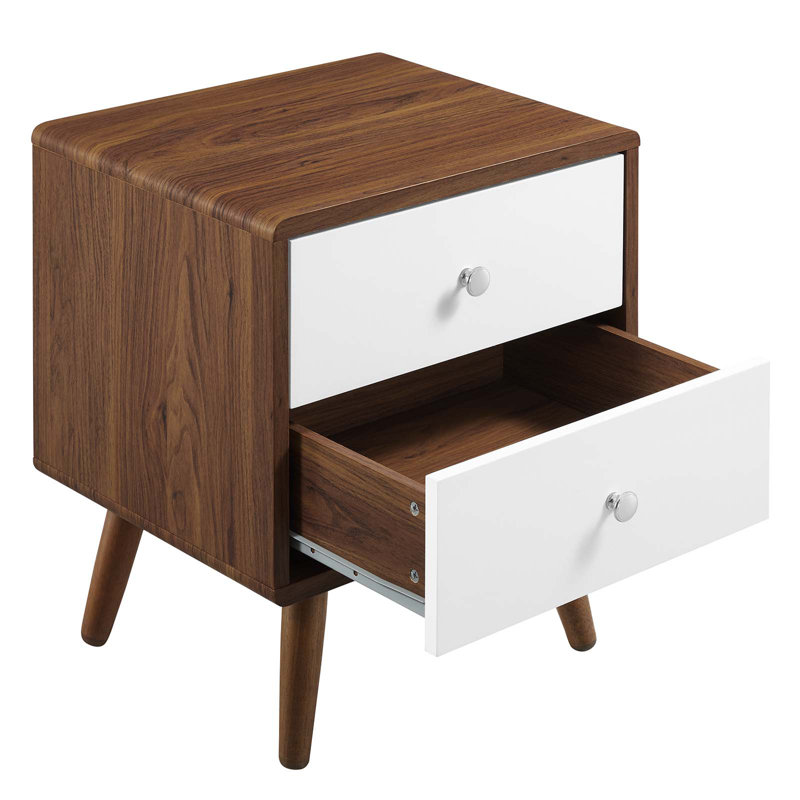 Walnut and White 2-Drawer Mid-Century Modern Nightstand
