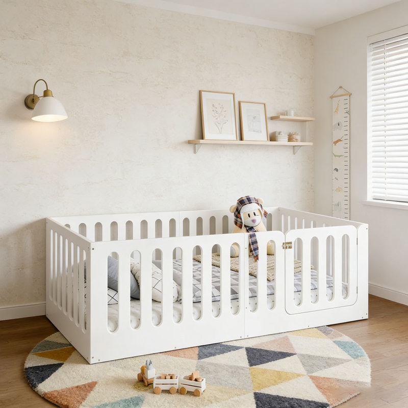 Floor Bed with High Fence with Door, low-profile and No Box Spring Needed Design, Light White, Full