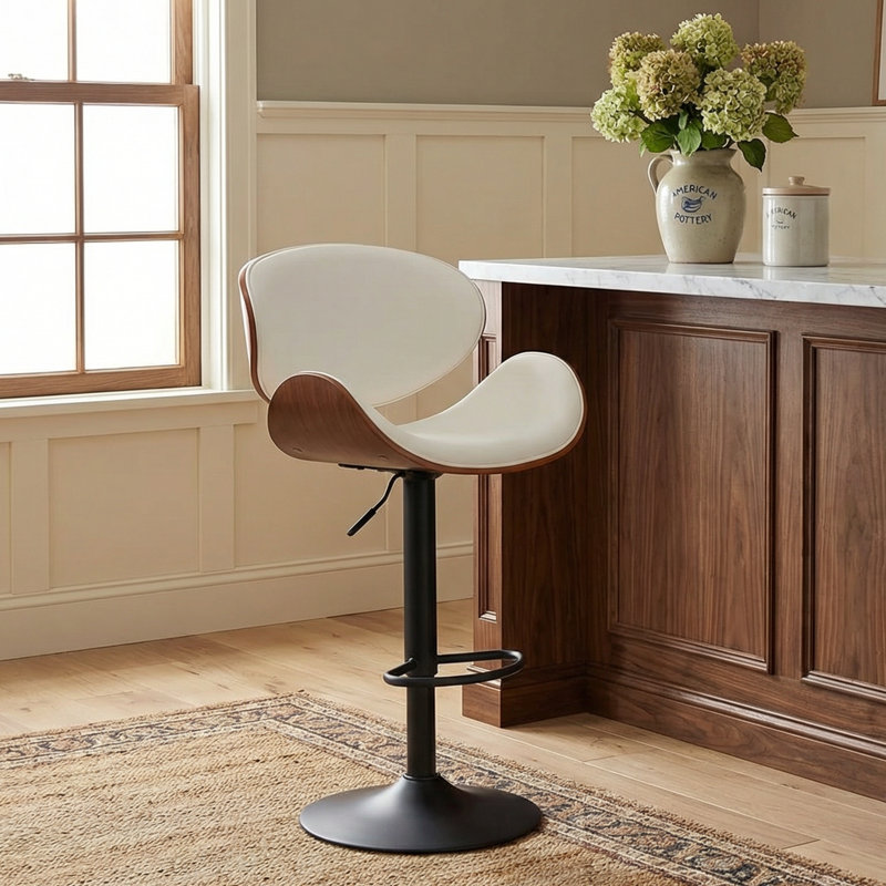 Modern Upholstered Swivel 24”H Barstool, Adjustable Height Counter Stool with Bentwood, Faux Leather Upholstered Bar Stool with Metal Frame