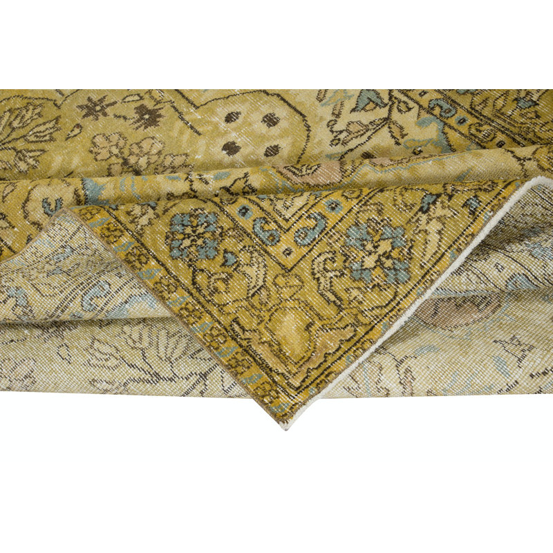 Tapis turc jaune exquis de 5,6 x 8,8 pi avec tapis floral fait à la main
