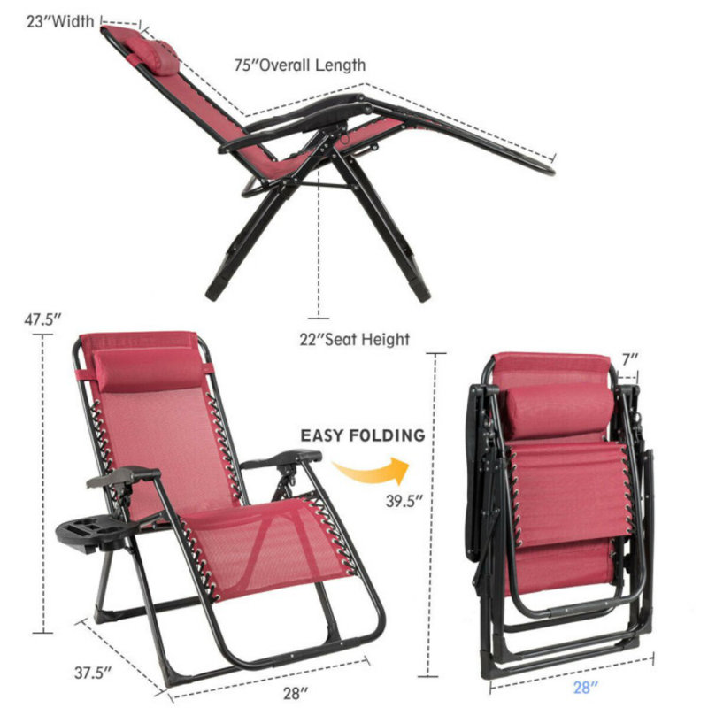 Chaise longue surdimensionnée avec porte-gobelet robuste pour l'extérieur, Rouge foncé