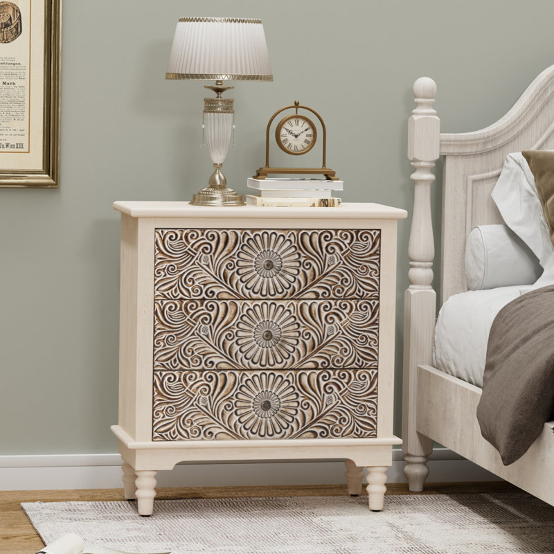  26”W Carved Wooden Nightstand with Three Drawers, Individual