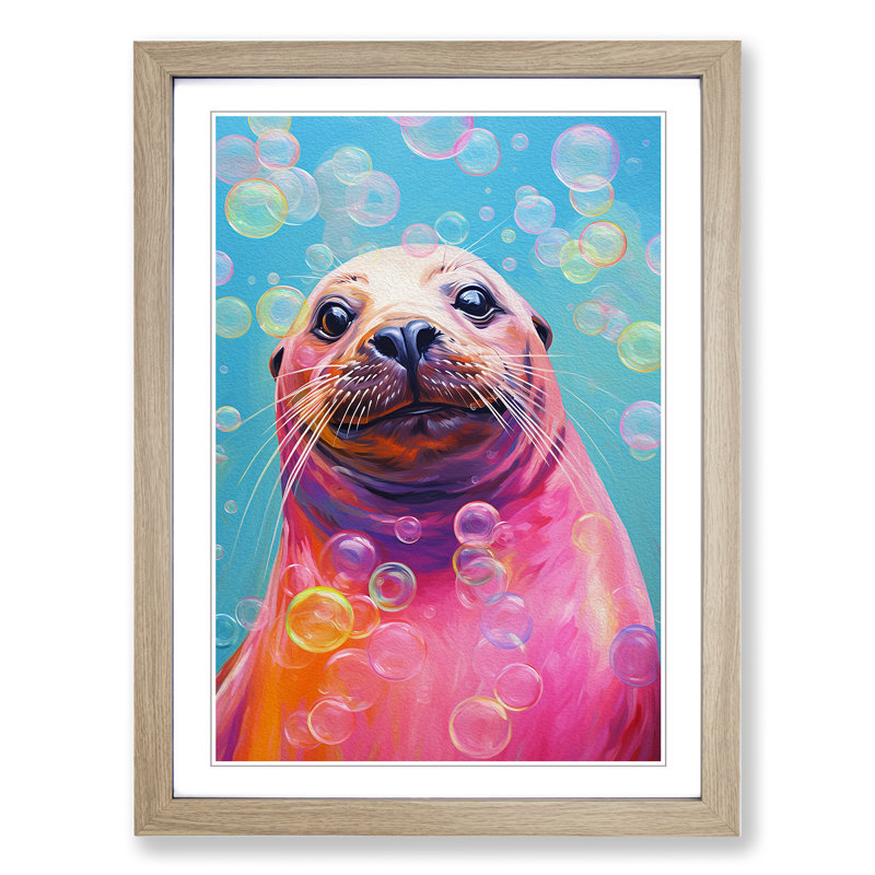 Sea Lion Bubble Gum - Single Picture Frame Print on Wood, 34cm H x 25cm W x 2cm D, Oak Framed