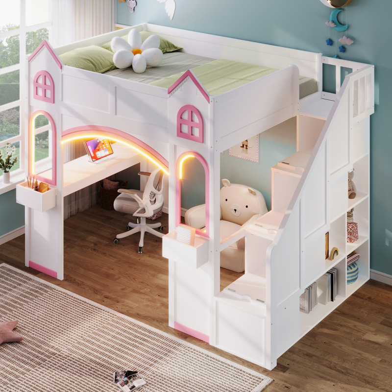 Full Size Wood Castle Loft Bed with Storage Staircase, Desk, Windows, Shelves and LED Light, White+Light Pink, White