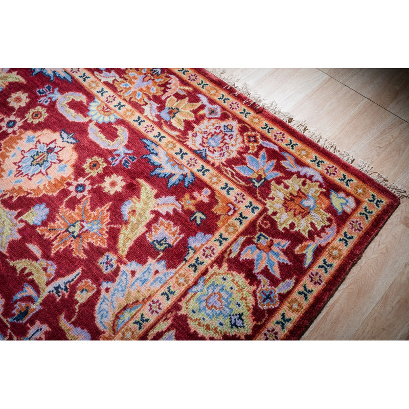 Hand-Knotted Burgundy Wool Traditional Floral Oushak Area Rug