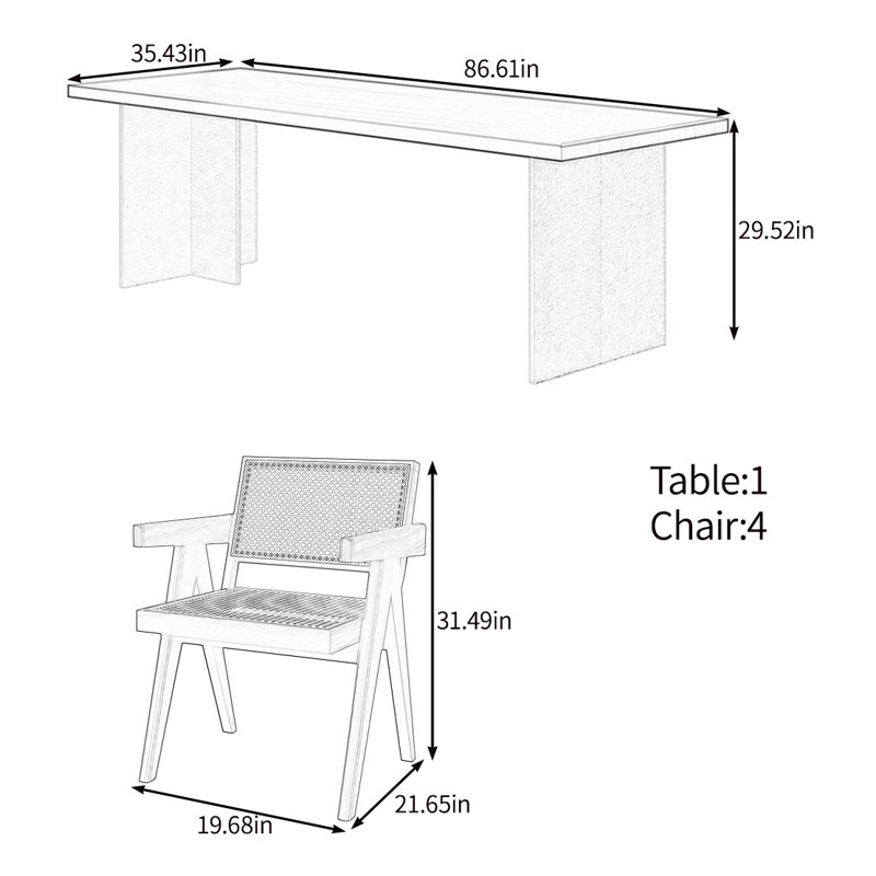 Modern natural solid wood dining table set, 29.52"H x 86.61"L x 35.43"W