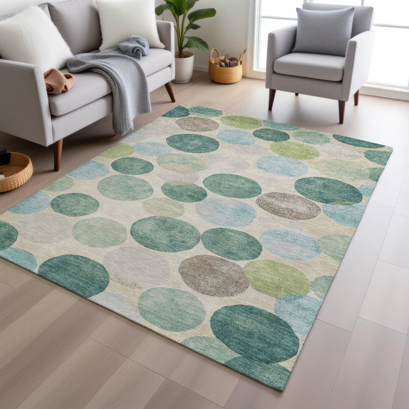 Tapis bleu sarcelle lavable à la machine intérieur / extérieur Xhevrie, Rectangle 10 pi x 14 pi