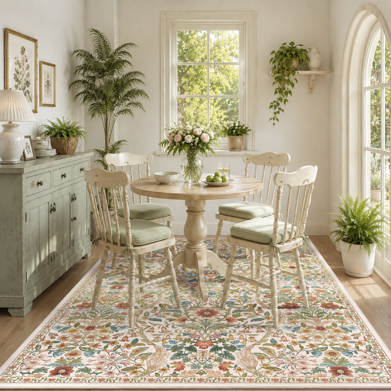 Washable Area Rug - Vintage Boho Botanical Low-Pile Rug, Rectangle 5' x 7', Beige/Ginger