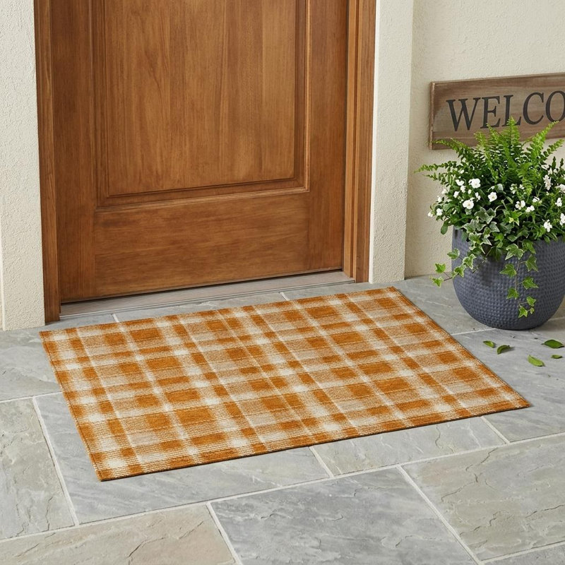 HomeRoots 3' X 5' Orange And Ivory Plaid Washable Indoor Outdoor Area Rug