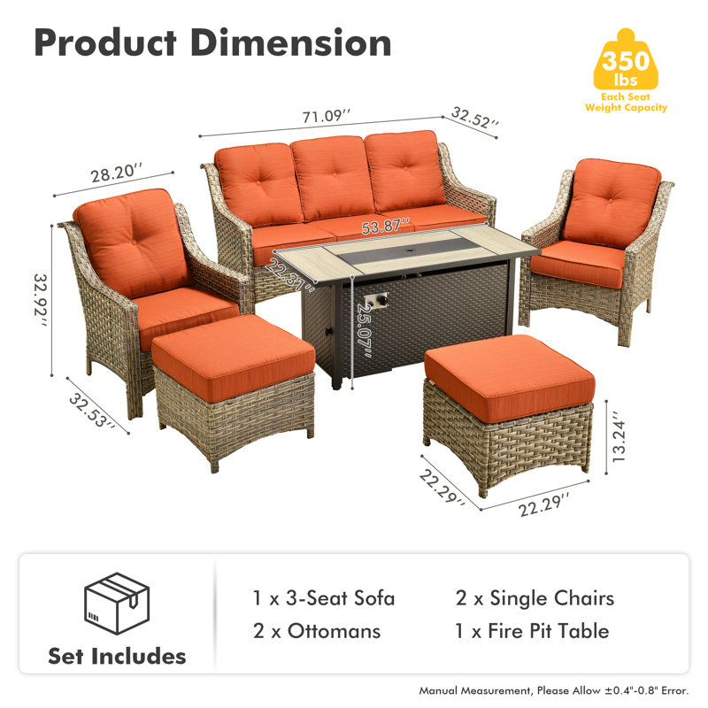 5 - Person Wicker Outdoor Conversation Set, Patio Sofa Set with Fire Pit and Cushions, Orange Red