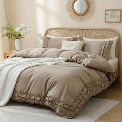 Taupe Ruffled Duvet Cover Set Queen, 100% Cotton Cute Lace Bedding Set Farmhouse French Country Comforter Cover